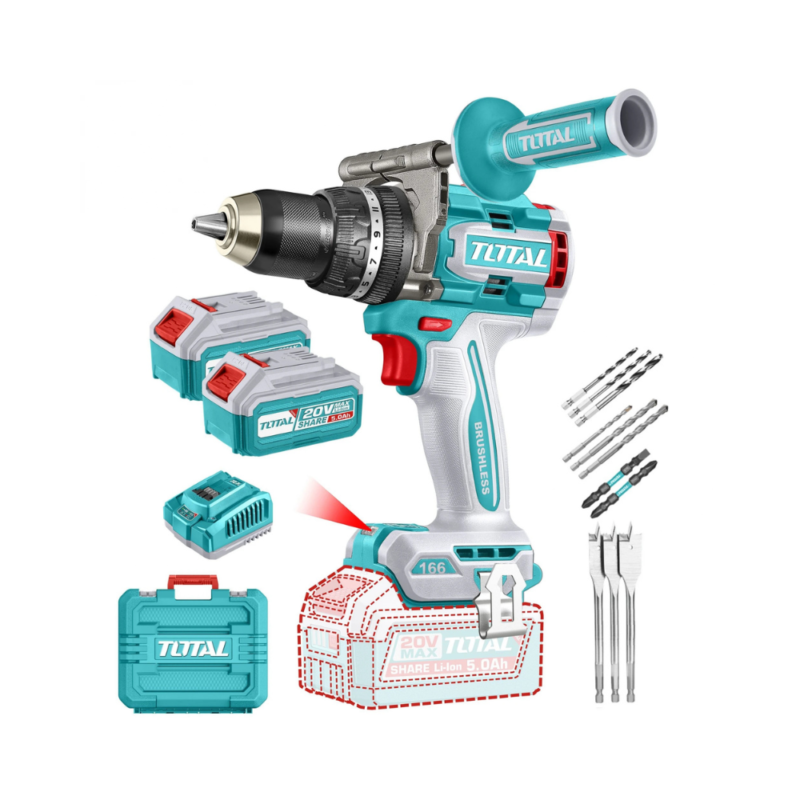 Taladro Percutor Y Atornillador 20v 166Nm - Doble Batería, Cargador Y Maletín - Sin Carbones TIDLI201668