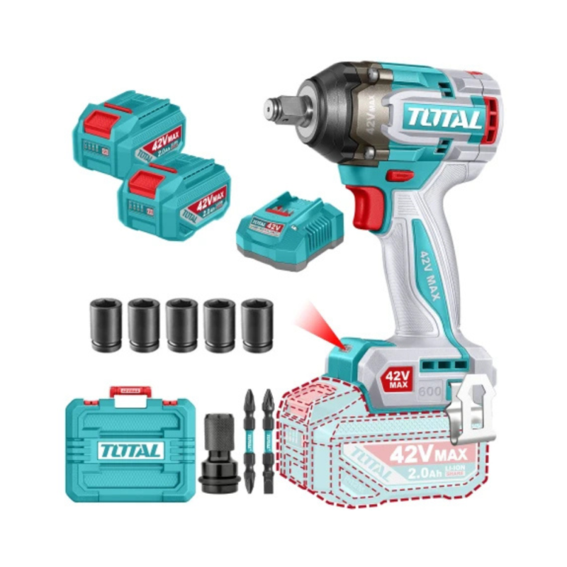 Llave De Impacto Inalámbrica 42v 1/2" 600Nm - 2 Baterías 2 TIWLI42602.0Ah, Cargador Y Maletín - Sin Carbones